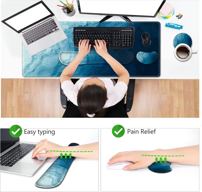 AIMSA Large Gaming Mouse Pad Set, Keyboard Wrist Rest Support + Extended Mouse Pad + Mouse Wrist Cushion + Coaster, Ergonomic Memory Foam Multifunctional Desk Mat 35x15.7inch (Dark Blue Waves) - Image 3